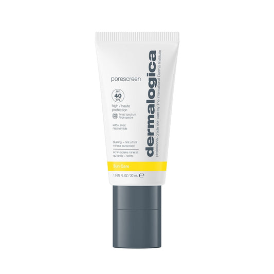 Dermalogica Porescreen SPF 40 Sonnenschutzcreme in einer weißen Tube mit gelb-grauen Akzenten auf weißem Hintergrund.