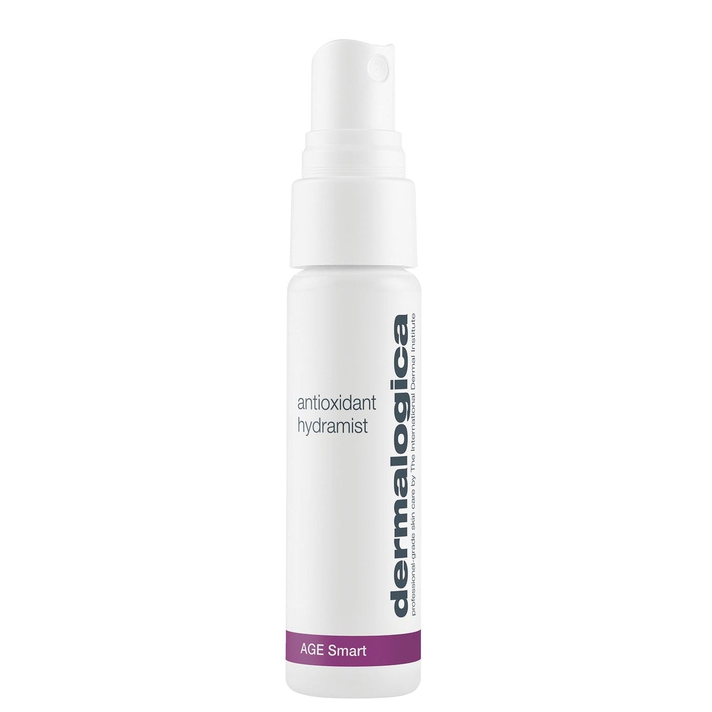 Weiße Flasche mit Sprühkopf, beschriftet mit "Dermalogica Antioxidant Hydramist AGE Smart".