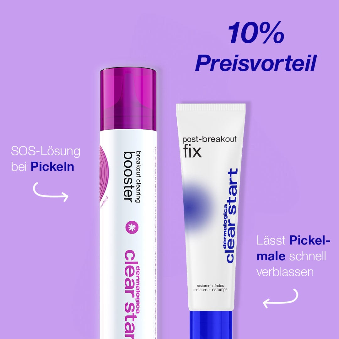 Dermalogicas Breakout Clearing Booster + Post-Breakout Fix auf leuchtend violettem Hintergrund bietet 10 % Rabatt für die effektive Beseitigung von Flecken und das Verblassen von Flecken – ideal, um Hautunreinheiten schnell in den Griff zu bekommen.