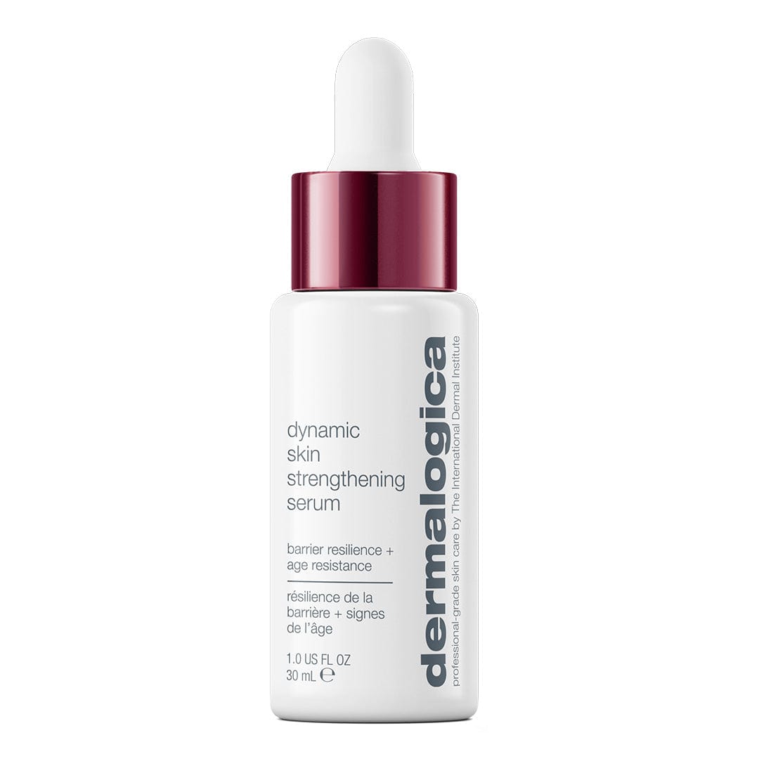 Eine weiße Flasche Dynamic Skin Strengthening Serum von Dermalogica mit einem roten Tropferverschluss und Details in grauem und schwarzem Text verwendet die BioShield-Technologie zur Verbesserung der Hautelastizität.