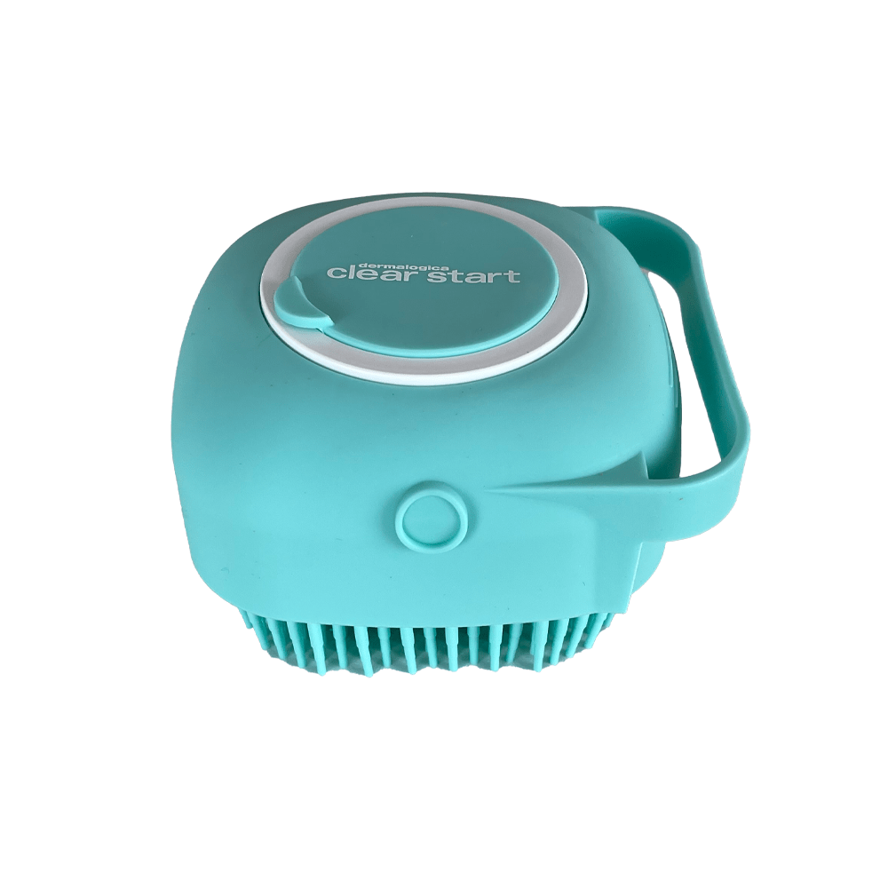 Zu verkaufen ist eine blau-weiße Körperreinigungsbürste mit Griff.