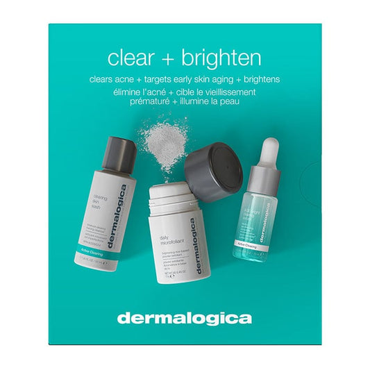 Drei Hautpflegeprodukte von Dermalogica auf türkisfarbenem Hintergrund mit Text "clear + brighten".