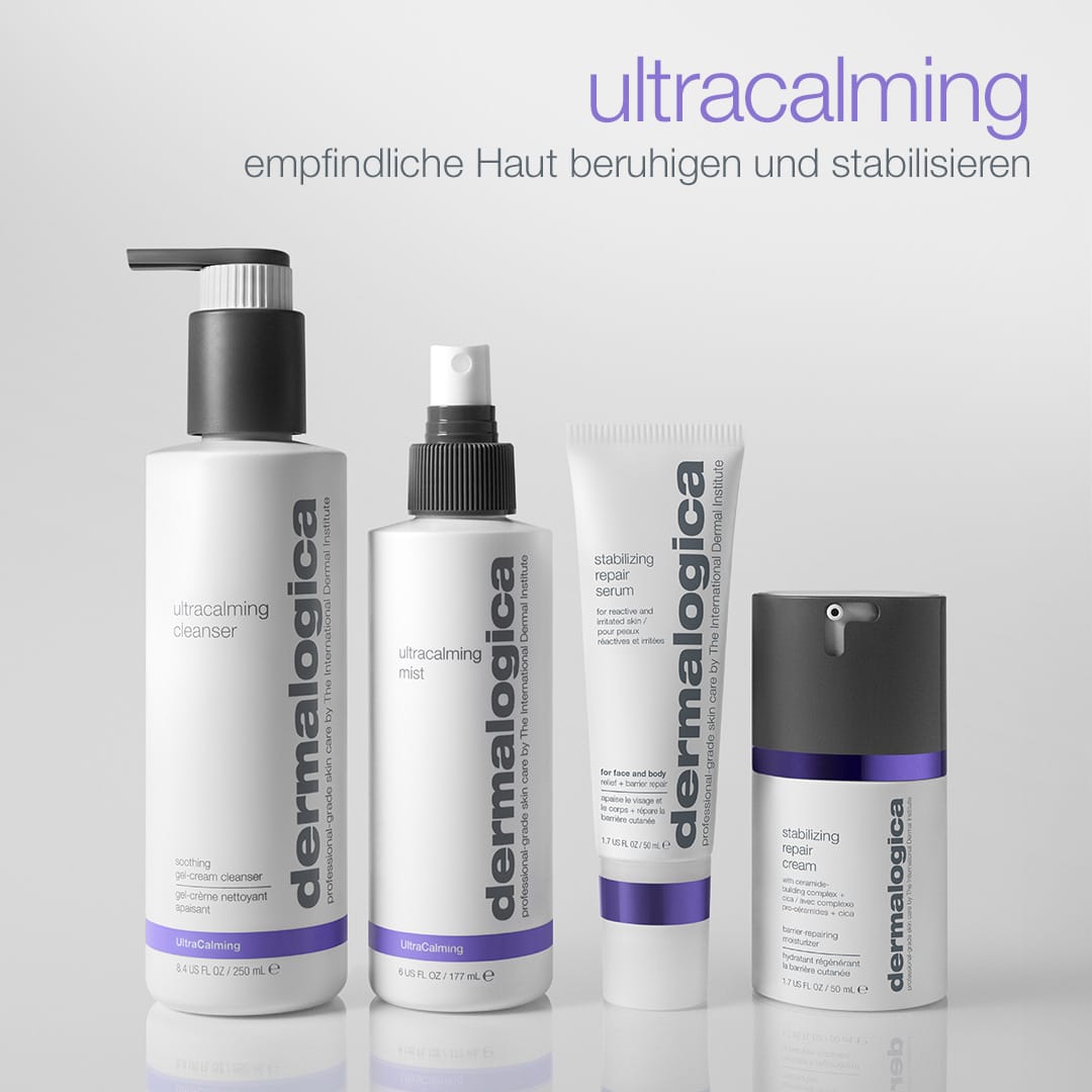 Das „Dermalogica Stabilizing Repair Serum“ sticht unter den UltraCalming-Produkten besonders hervor; der obenstehende deutsche Text erwähnt kolloidales Hafermehl zur Stärkung der Hautbarriere.