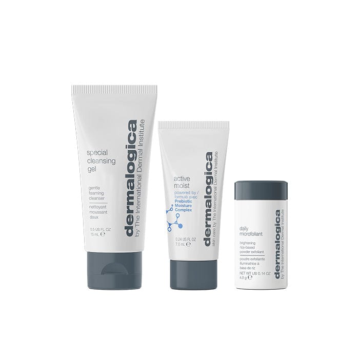 Drei luxuriöse Hautpflegeprodukte von Dermalogica, darunter das Set „3 Minis im Wert von 20 €“ mit einer Tube Special Cleansing Gel, Active Moist und einem Behälter Daily Microfoliant, elegant präsentiert auf einem schlichten Hintergrund.