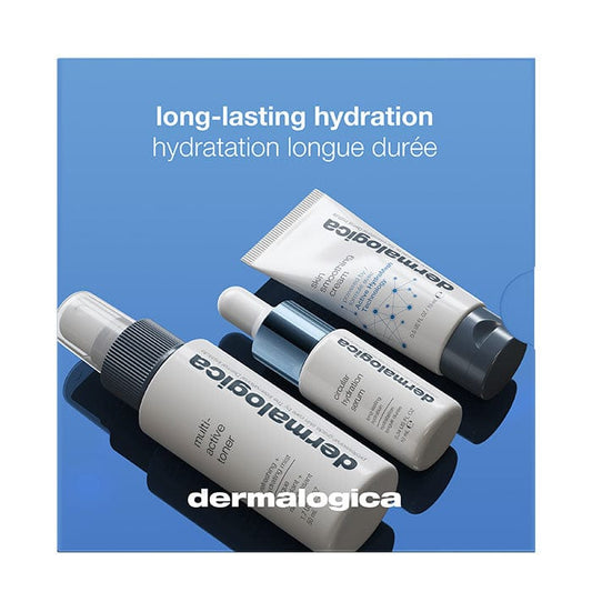 Drei Hautpflegeprodukte der Marke Dermalogica auf blauem Hintergrund mit der Aufschrift "long-lasting hydration".