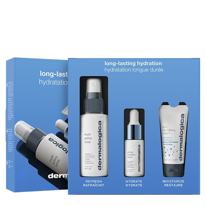Das Long-Lasting Hydration Hautpflegeset, mit Inhalt individuell dargestellt.