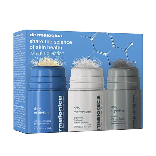 Drei Dermalogica-Peelingprodukte nebeneinander vor einer Box mit der Aufschrift "share the science of skin health foliant collection".