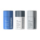 Drei Dermalogica Exfoliant-Produkte nebeneinander: Daily Milkfoliant, Daily Microfoliant und Daily Superfoliant. Jedes in einem unterschiedlichen farbigen Behälter – blau, grau und silber.