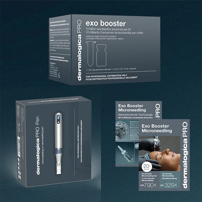 Das Pro Pen Kit mit ExoBooster, einschließlich Informationskarten, wird auf einem dunklen Hintergrund dargestellt.