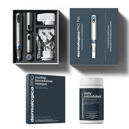 Das Pro Pen Kit mit Daily Microfoliant + Cooling Biocellulose Masque von Dermalogica wird elegant vor einem makellos weißen Hintergrund präsentiert, sodass Verpackung und Inhaltsstoffe deutlich zur Geltung kommen.