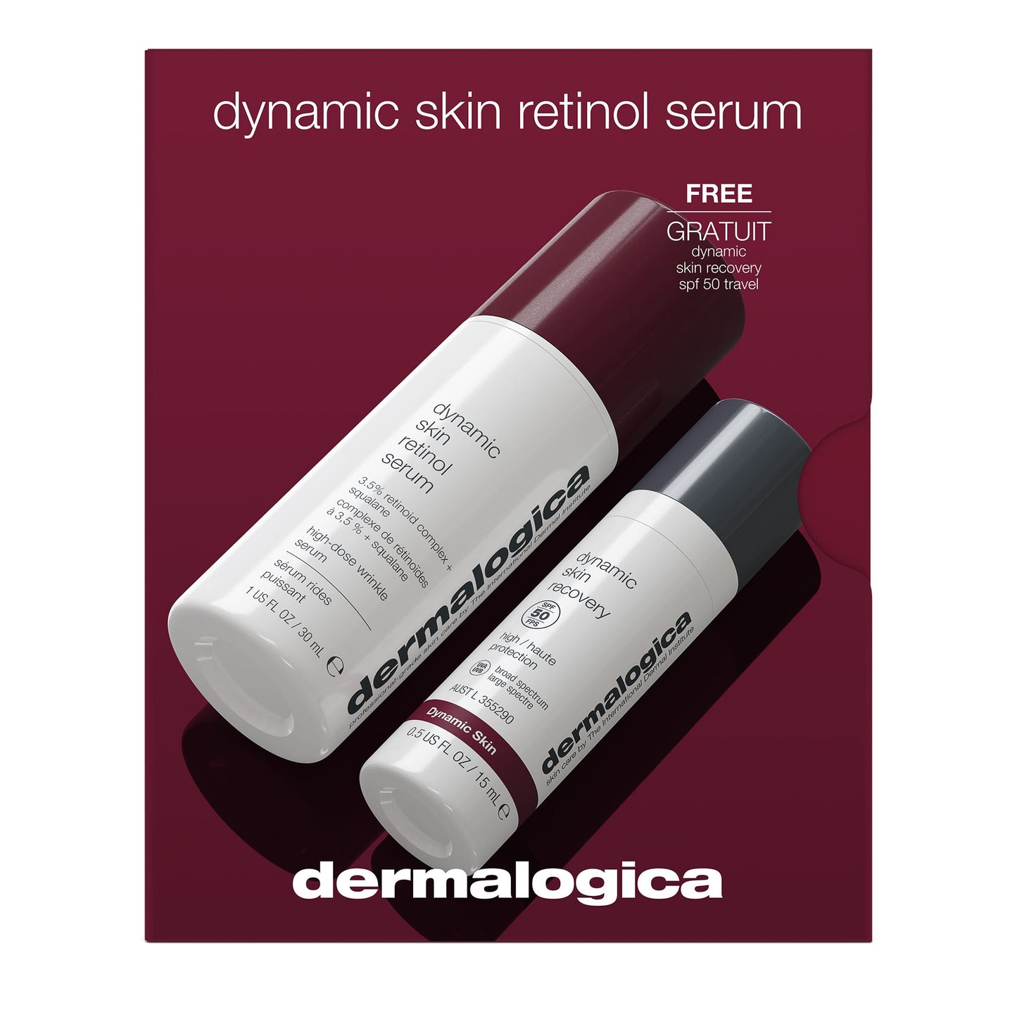 Das Dynamic Skin Retinol Serum Box-Set enthält ein Anti-Aging-Serum in Originalgröße sowie eine kostenlose Reisegröße Dynamic Skin Recovery SPF 50.