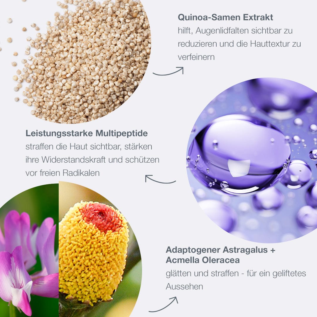 Collage aus vier Bildern: oben links Quinoasamen; oben rechts Nahaufnahme von Wassertropfen auf einer Oberfläche; unten links rosa Blume mit gelber Mitte, verbunden mit einem Produktbild