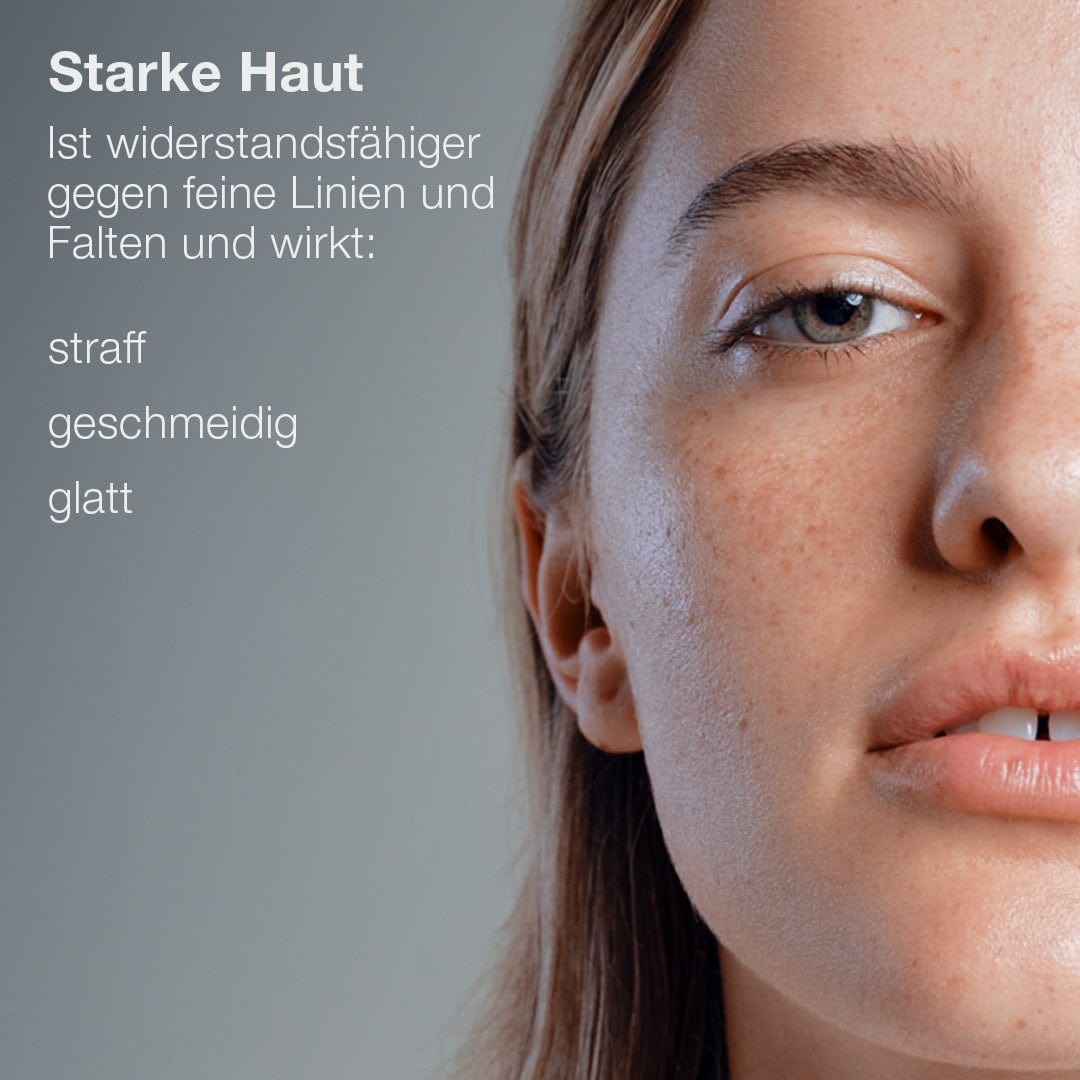 Eine Nahaufnahme des Gesichts einer Person mit deutschem Text hebt die Anti-Falten-Vorteile einer starken, festen, glatten und geschmeidigen Haut dank der innovativen BioShield-Technologie im Dynamic Skin Strengthening Serum hervor.