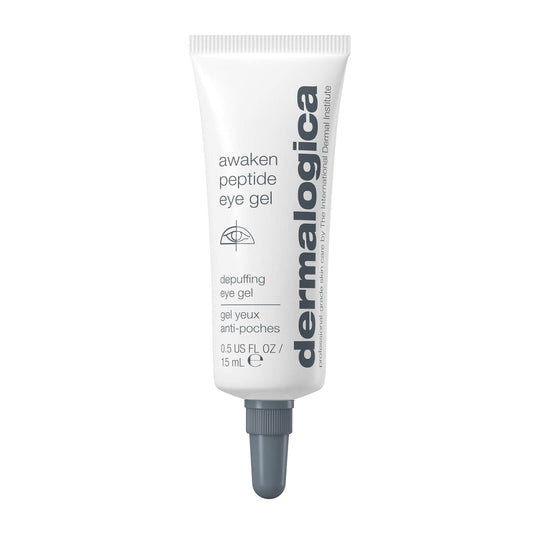 Tube des Dermalogica Awaken Peptide Eye Gel auf weißem Hintergrund.