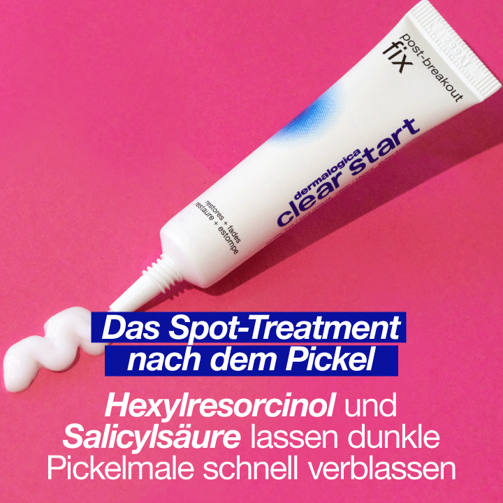 Tube der Post-Breakout Fix Creme von , leicht ausgedrückt auf rosa Hintergrund.