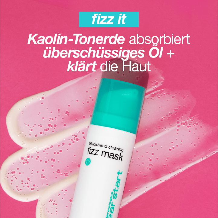 Pflegeprodukt "Blackhead Clearing Fizz Mask" von Dermalogica auf pinkem Hintergrund mit textlicher Hervorhebung der Eigenschaften und sichtbarem Produktaustritt.