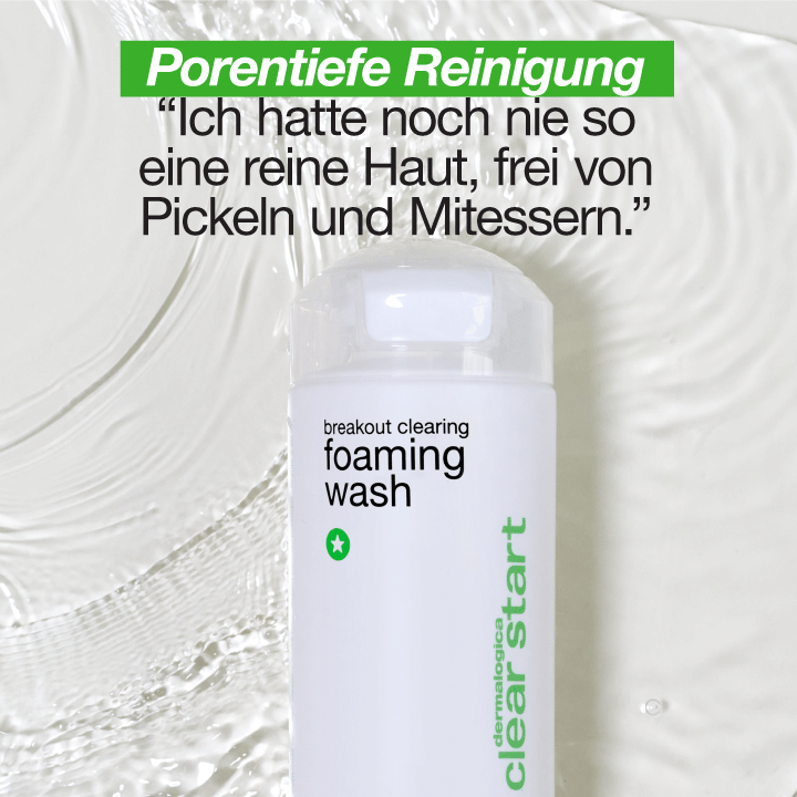 Weiße Flasche mit Aufschrift "breakout clearing foaming wash" von der Marke "clear start" steht vor einem Hintergrund mit Schaum und einer grünen Beschriftung, die "Porentiefe Reinigung" ankündigt.