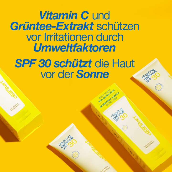 Drei Produkte für Hautpflege mit SPF 30 auf gelbem Hintergrund, begleitet von Text über Vorteile von Vitamin C und Grüntee-Extrakt.