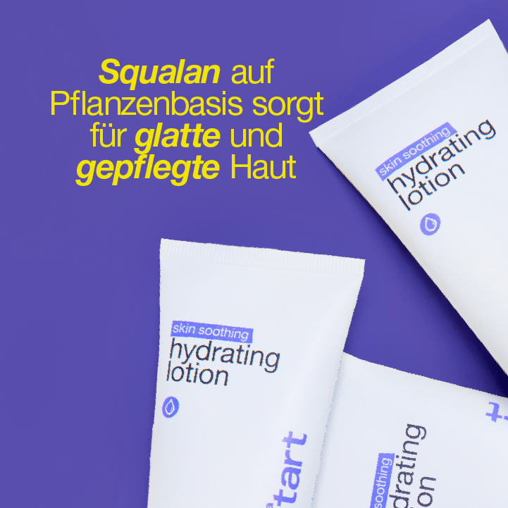 Zwei Tuben mit Hautpflegecreme auf einem violetten Hintergrund, Text mit Produktvorteilen "Squalan auf Pflanzenbasis sorgt für glatte und gepflegte Haut".