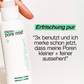 Eine Hand hält eine Flasche des Produkts "micro-pore mist" von "clear start" mit sichtbarem Text, der die Vorteile des Produkts beschreibt.