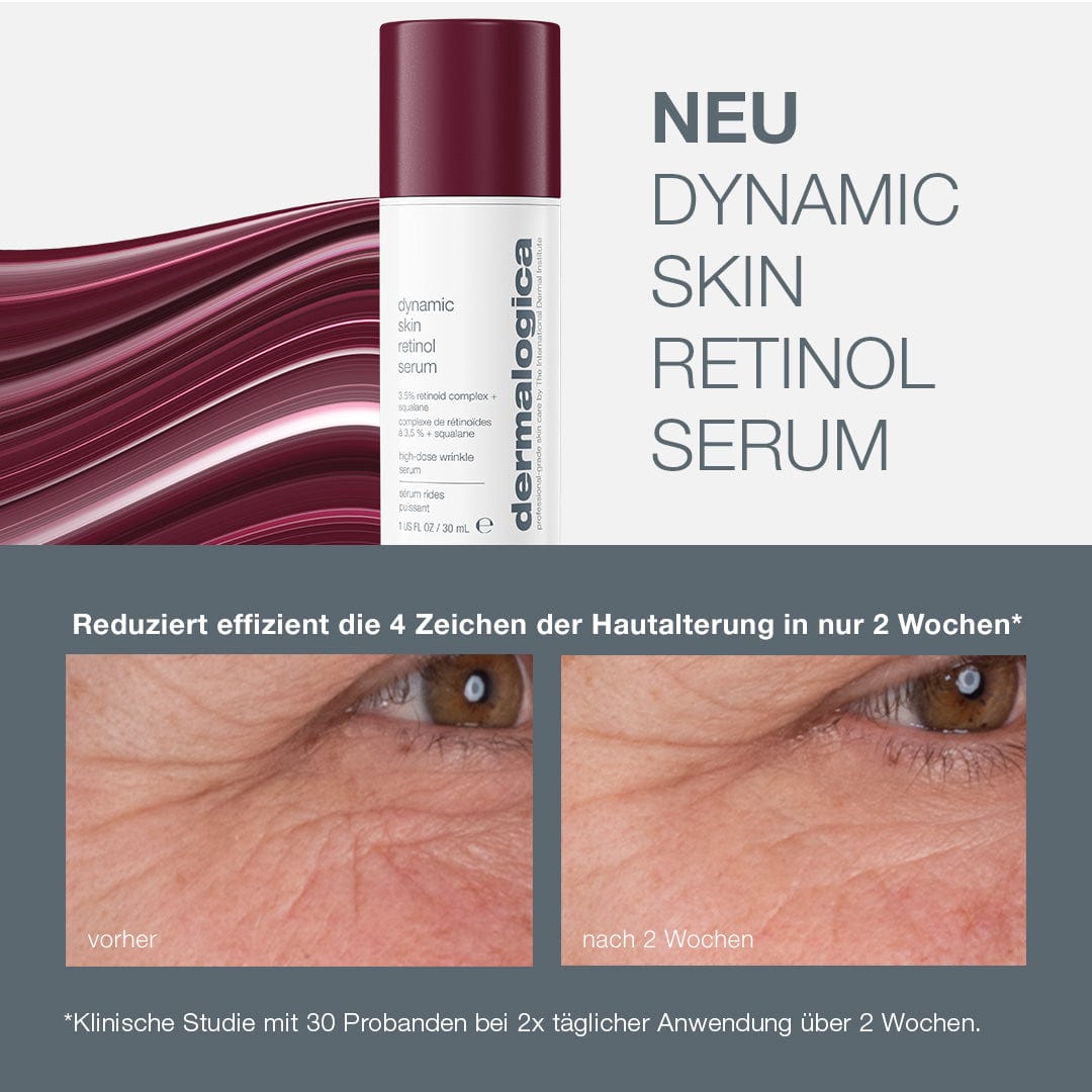 Dermalogica Dynamic Skin Retinol Serum Flasche neben Text "NEU DYNAMIC SKIN RETINOL SERUM" und einem Vorher-Nachher-Bild einer Augenpartie, die eine Verringerung von Falten zeigt.