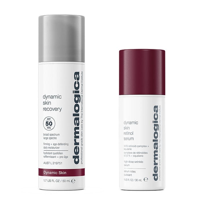 Zwei Dermalogica Hautpflegeprodukte nebeneinander: Links eine Flasche "dynamic skin recovery SPF 50", rechts ein Behälter "dynamic skin retinol serum".