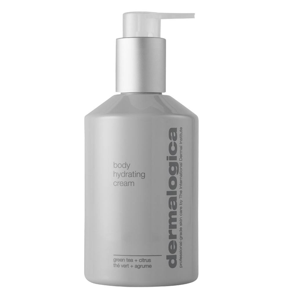 Dermalogica Body Hydrating Cream mit Spender in grauer Flasche, Aufschrift enthält "green tea + citrus".