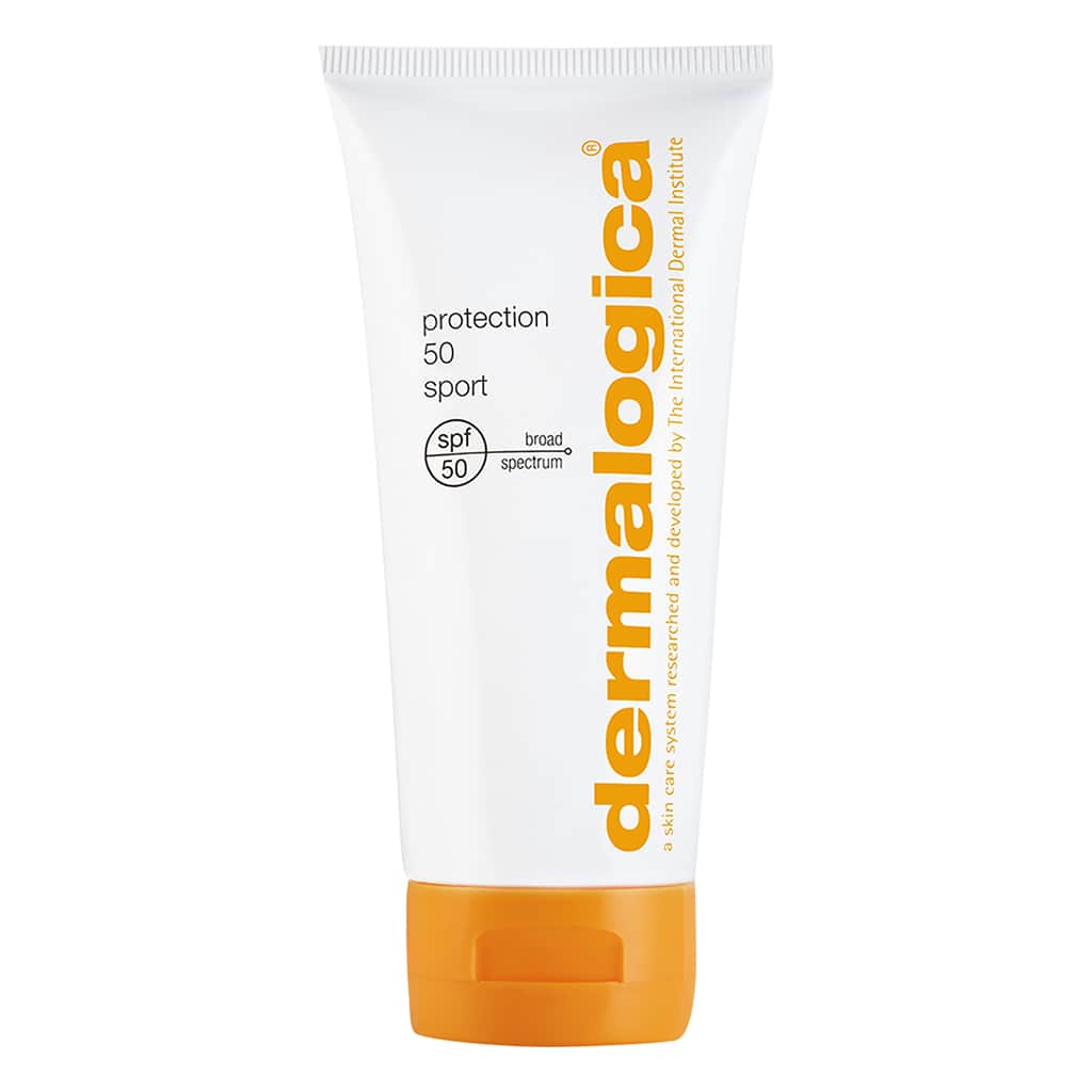 Dermalogica Protection 50 Sport Sonnenschutzcreme mit SPF 50 in einer weißen Tube mit orangefarbenem Deckel.