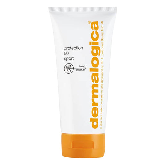 Dermalogica Protection 50 Sport Sonnenschutzcreme mit SPF 50 in einer weißen Tube mit orangefarbenem Deckel.