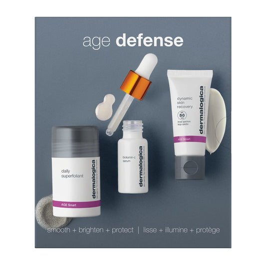 Dermalogica Hautpflegeprodukte angeordnet auf grauem Hintergrund, darunter "daily superfoliant", "biolumin-c serum" und "dynamic skin recovery SPF 50".
