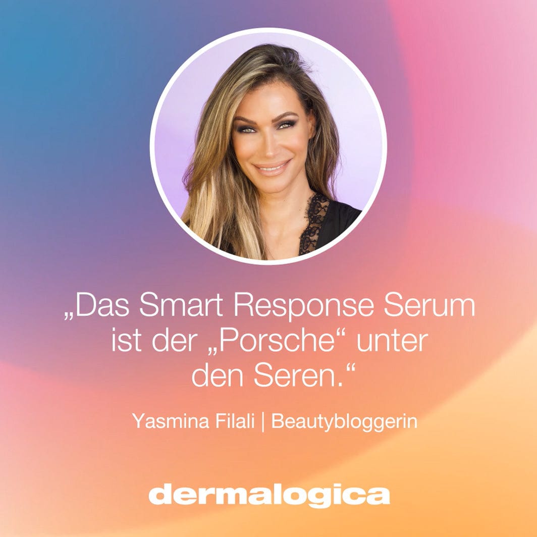 Frau mit lächelndem Gesicht, Textzitat über das Smart Response Serum von Dermalogica, unterschrieben von Yasmina Filali als Beautybloggerin.