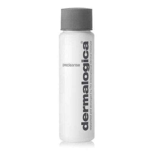 Weiße Flasche mit schwarzer Beschriftung, "Dermalogica precleanse" Hautreinigungsprodukt, auf weißem Hintergrund.