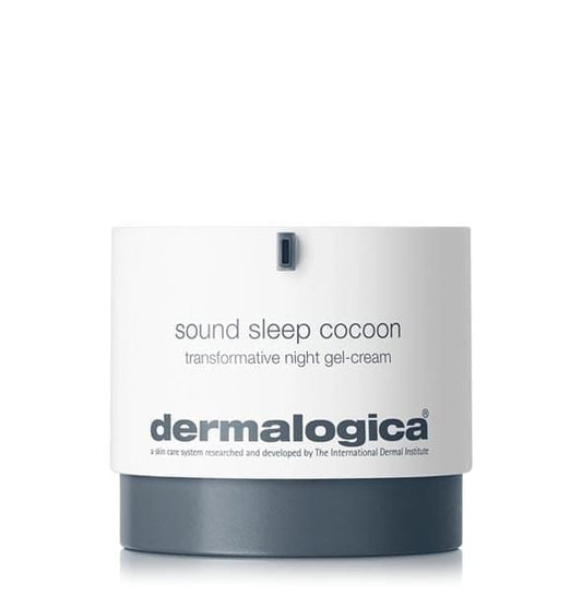 Dermalogica Sound Sleep Cocoon transformative Nachtgel-Creme in einer weißen Verpackung mit grauem Boden.