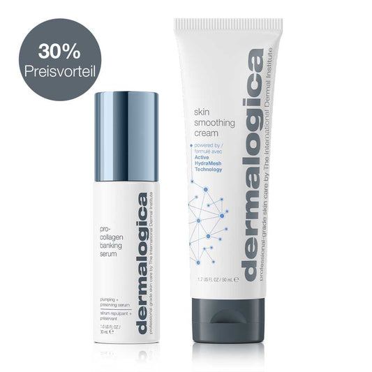 Das Collagen Preservation Duo von Dermalogica - bestehend aus Pro-Collagen Banking Serum und Skin Smoothing Cream - fördert Kollagen, spendet Feuchtigkeit und wirkt gegen Hautalterung. Mit 30% Preisvorteil-Badge.