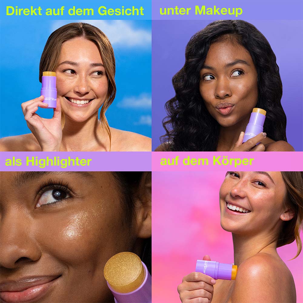 Vier Frauen zeigen, wie der Golden Hour Hydrating SPF 30 Stick – nicht komedogen – im Gesicht, unter dem Make-up, als Highlighter und am Körper angewendet wird. Die deutschen Etiketten geben die jeweilige Anwendungsmethode an.