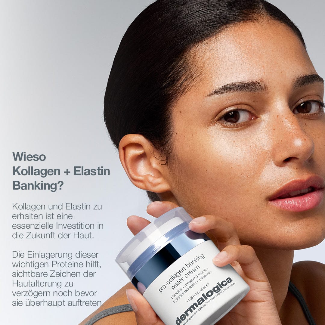Eine Frau mit taufrischer Haut hält einen Tiegel Pro-Collagen Banking Water Cream. Der deutsche Text hebt die Feuchtigkeitspflege hervor und erklärt, wie die Pro-Collagen Banking Water Cream hilft, Kollagen zu bewahren für straffe, jugendliche Haut.