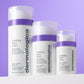 Drei Flaschen Stabilizing Repair Cream | Beruhigende Pflege mit Ceramid-Komplex für empfindliche Haut sind auf einer hellen Oberfläche gruppiert. Ihre violetten Deckel und unterschiedlichen Größen verleihen Ihrer Hautpflegeroutine Stil und Effizienz.