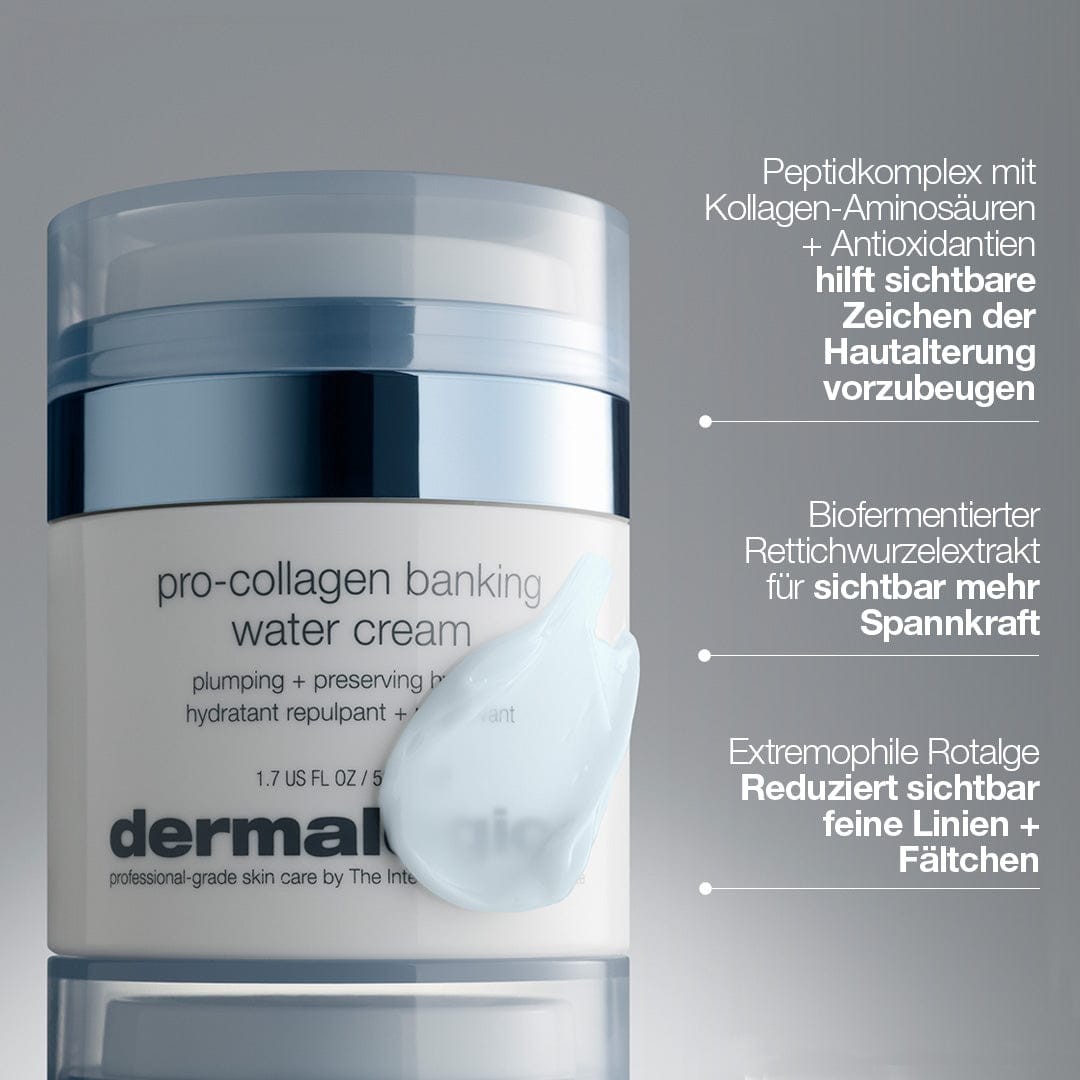 Ein Tiegel Pro-Collagen Banking Water Cream mit einem Tupfer daneben; der deutsche Text hebt die feuchtigkeitsspendende Pflege, die kollagenerhaltende Wirkung und andere wertvolle Inhaltsstoffe für gesunde Haut hervor.