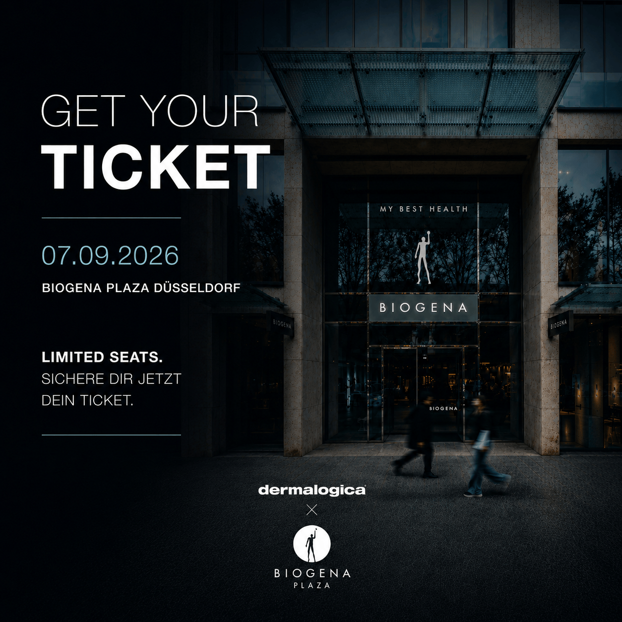 Am Eingang eines Gebäudes mit Glastüren ist eine Beschilderung für die „Biogena Plaza Düsseldorf“ zu sehen. Darauf sind Details zur Veranstaltung „BIOHACKING SKIN LONGEVITY TICKET“ am 7. September 2026 abgebildet, während draußen Menschen vorbeigehen. Die Szene unterstreicht den Schwerpunkt auf Biohacking und Hautlanglebigkeit und lädt Gäste ein, die sich für die neuesten Wellness-Trends interessieren.