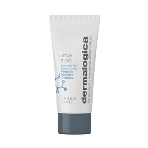 Eine 7 ml Tube Dermalogica Active Moist Mini mit Prebiotic Moisture Complex, weißer Körper, graue Kappe. KEIN VERKAUFSPRODUKT, nicht bestellbar.