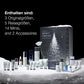 Der Dermalogica Premium-Adventskalender 2026 enthält 24 Hautpflegeprodukte – Flaschen, Tuben und zwei Accessoires –, die auf einer verschneiten Fläche angeordnet sind. Ein deutscher Text beschreibt die enthaltenen Hautpflegeproduktarten.
