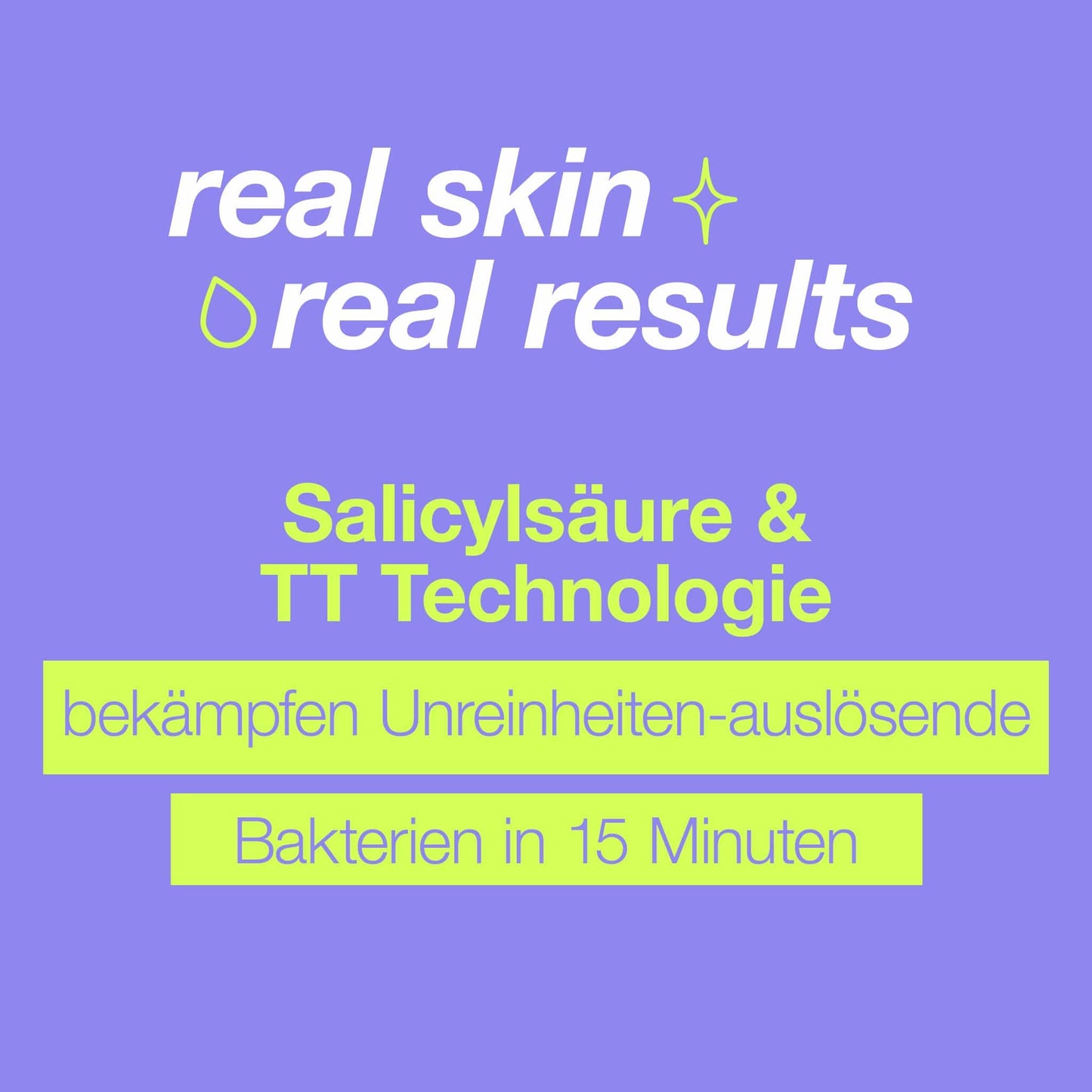 Werbung für Breakout Clearing Booster 30 ml mit Salicylsäure und TT-Technologie, der behauptet, unreinheitenverursachende Bakterien in 15 Minuten zu bekämpfen, präsentiert auf violettem Hintergrund.