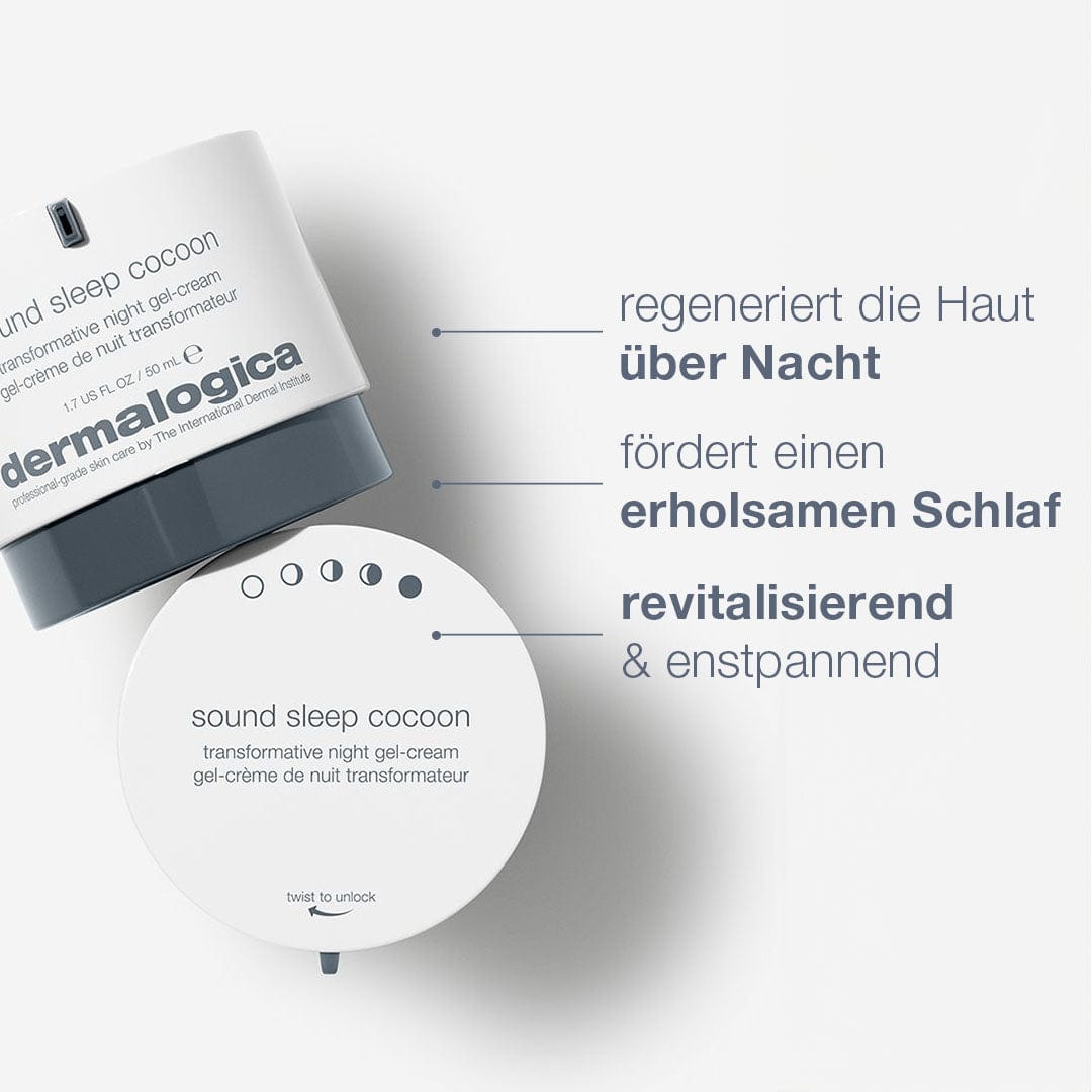 Elenas Sound Sleep Cocoon wird in zwei schönen Behältern zusammen mit einem kostenlosen Weihnachtsgeschenk präsentiert und hebt seine Vorteile für die Hautregeneration und Entspannung hervor. Der begleitende deutsche Text unterstreicht die Rolle ätherischer Öle bei der Verbesserung der Hauterneuerungsprozesse während Ihrer Nachtpflegeroutine.