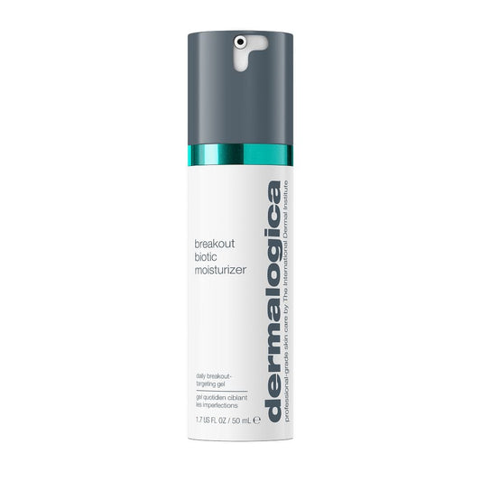 Eine 50-ml-Flasche Breakout Biotic Moisturizer in Weiß und Petrol mit sichtbarem Branding - formuliert, um Unreinheiten mit Salicylsäure zu bekämpfen.