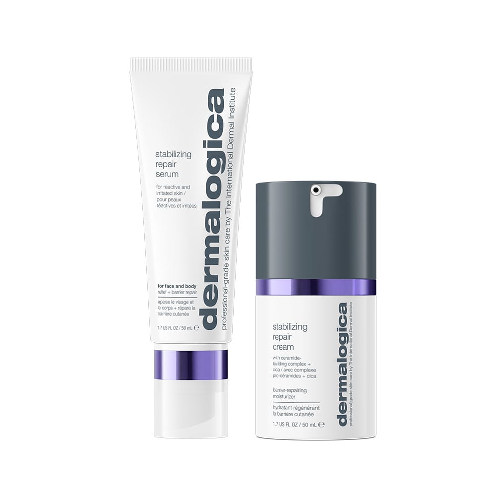 Zwei Dermalogica-Produkte für empfindliche Haut: Stabilizing Repair Serum + Stabilizing Repair Cream, beide mit violetten Akzenten, die helfen, die Hautbarriere zu stärken.