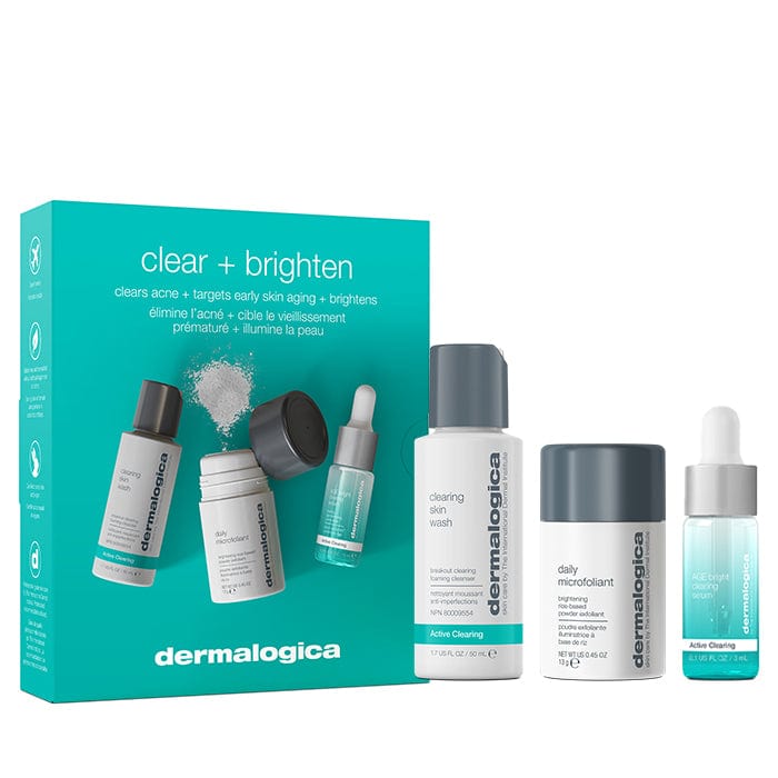 Dermalogica Clear + Brighten Kit mit vier Hautpflegeprodukten vor der Verpackung.