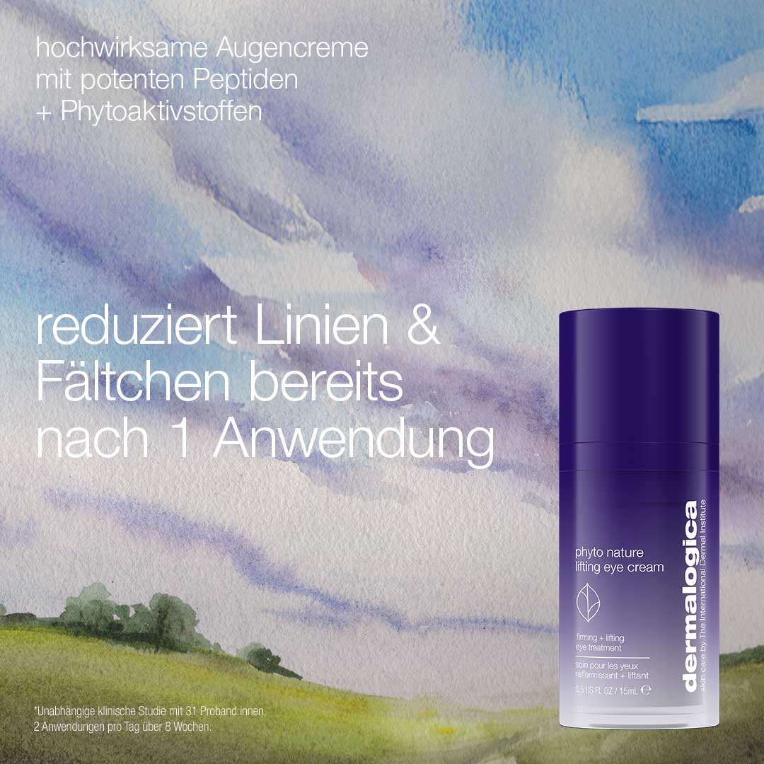 Ein lilafarbener Behälter aus dem "A Moment in Nature Set" wird vor einem pastellfarbenen Himmelshintergrund gezeigt, wobei der deutsche Text die faltenreduzierende Wirkung und die beeindruckende Lifting-Power hervorhebt.