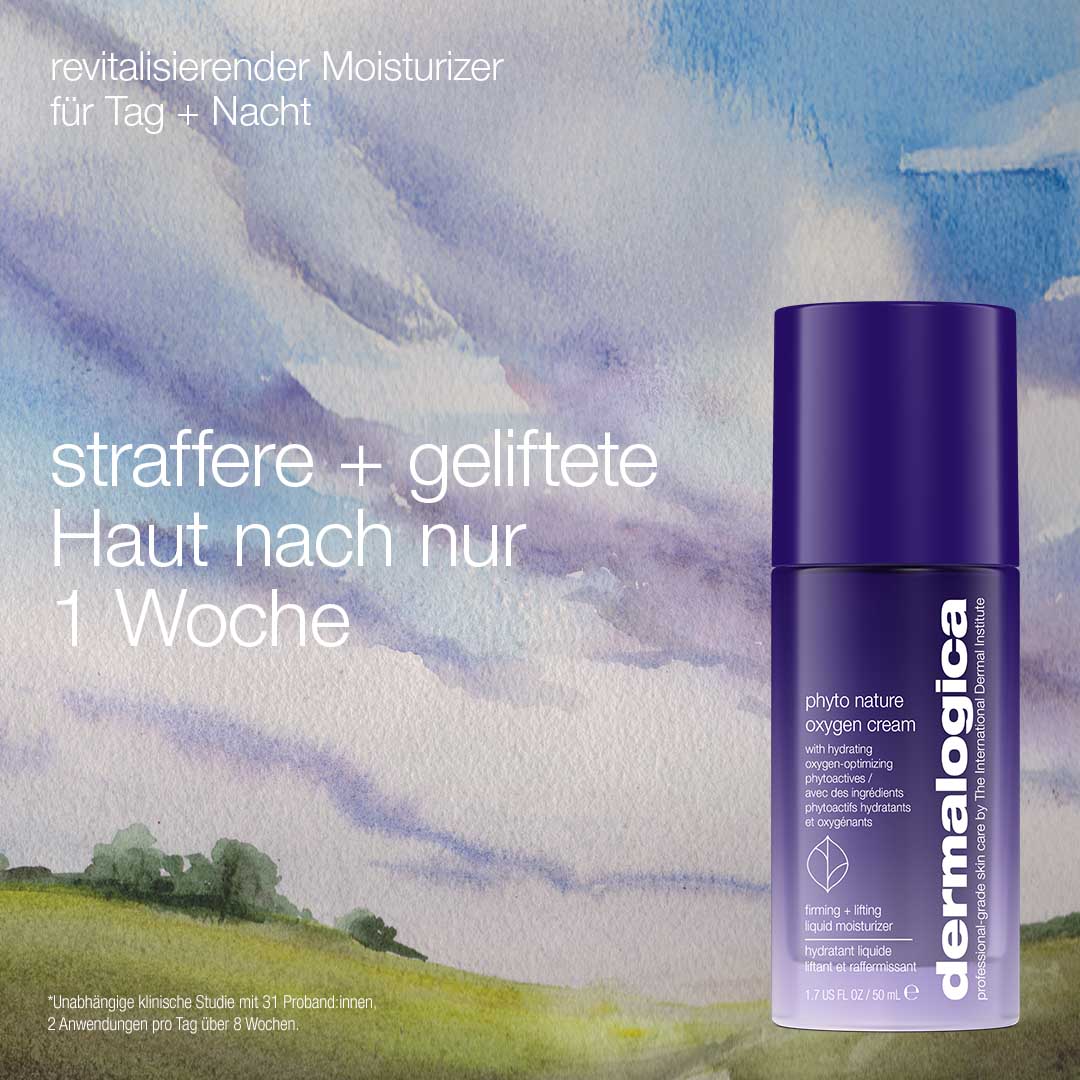Ein Moment in der Natur Auf gemaltem Hintergrund, mit deutschem Text, der sichtbare Lifting-Power für festere, geliftete Haut in nur einer Woche hervorhebt.