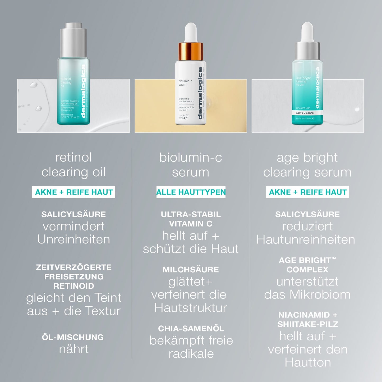 Das AGE Bright Clearing Serum von Dermalogica wird vorgestellt, wobei die wichtigsten Inhaltsstoffe und Vorteile hervorgehoben werden, die gegen Erwachsenenakne, Pigmentflecken und Zeichen der Hautalterung wirken und den Hautton verbessern.