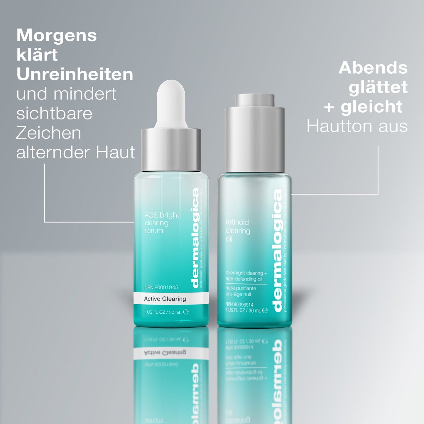 Zwei Flaschen Dermalogica AGE Bright Clearing Serum werden auf einer reflektierenden Fläche mit deutschem Text über Morgen-/Abendroutinen zur Behandlung von Erwachsenenakne und zur Glättung der Haut präsentiert, wobei die Salicylsäureformel für eine gezielte Pflege hervorgehoben wird.